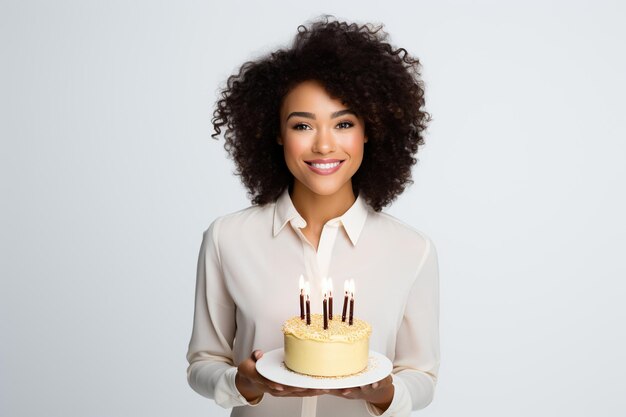 Szczęśliwa piękna Afroamerykanka trzymająca tort urodzinowy ze świeczkami odizolowana na czystym białym tle