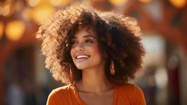 Szczęśliwa, piękna afrykańska kobieta z fryzurą afro, pozująca w przytulnym pomarańczowym swetrze na ulicy