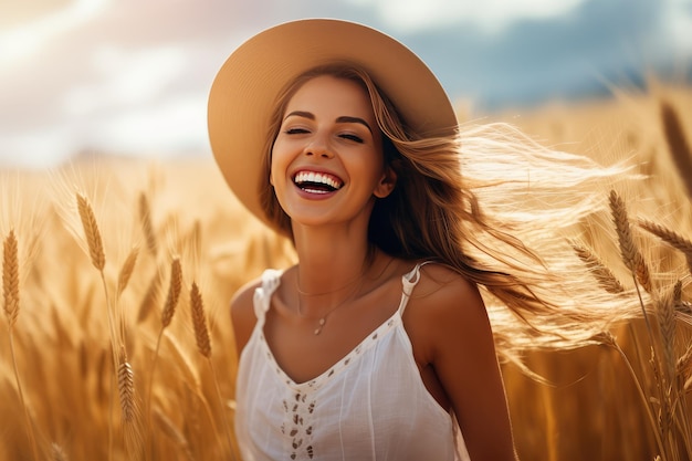 Szczęśliwa piękna kobieta uśmiecha się na polu pszenicy