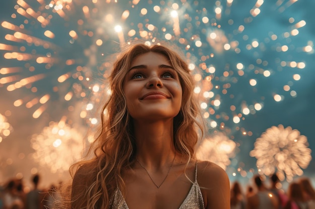 Szczęśliwa piękna młoda kobieta patrząca w niebo z fajerwerkami w ekstremalnym zbliżeniu Generatywna sztuczna inteligencja