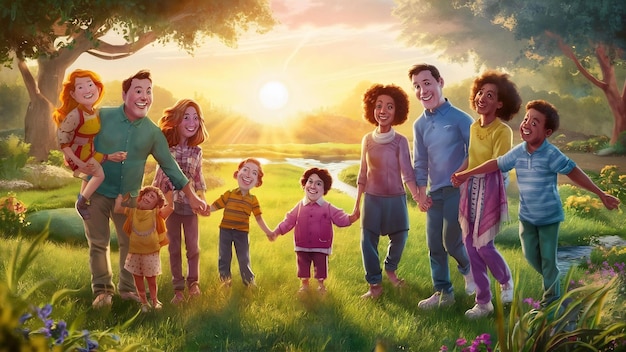 Szczęśliwa piękna rodzina w dużym ogrodzie o świcie