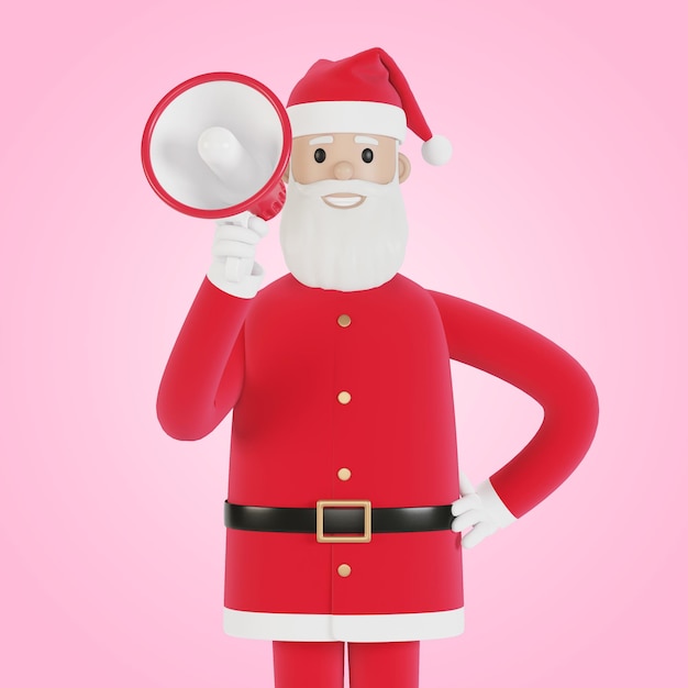 Szczęśliwa postać Świętego Mikołaja z megafonem Na kartki świąteczne, banery i etykiety Ilustracja 3D w stylu kreskówki