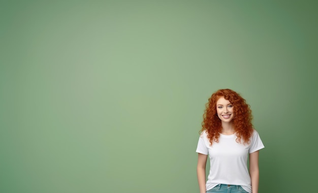 Szczęśliwa pozytywna uśmiechnięta atrakcyjna rudowłosa nastolatka z kręconymi włosami patrząca w kamerę ubrana w swobodną modną koszulkę stojąca odizolowana na zielonym tle nad studio kopii przestrzeni tła