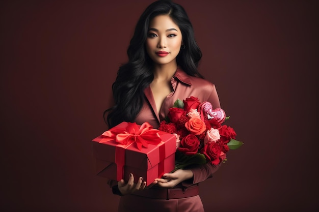 Szczęśliwa przystojna Azjatka trzyma czerwono-różowe pudełko z prezentami na Święto Walentynek.