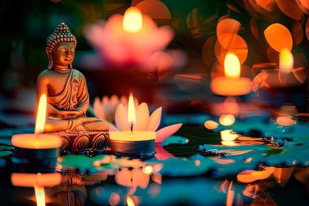 Szczęśliwa purnima buddyjska postać z świecami na ciemnym tle z przestrzenią do kopiowania