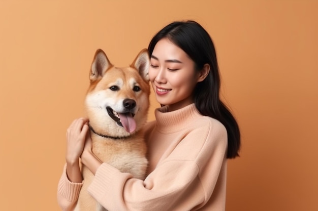 Szczęśliwa radosna Azjatka obejmuje swojego ulubionego psa uśmiecha się z radością wyraża miłość i troskę do ulubionego psa cieszy się towarzystwem zwierzęcia domowego ubranego w swobodny sweter na beżowej ścianie