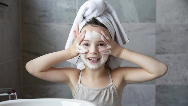 Szczęśliwa, radosna młoda dziewczyna rozciąga dłonie na twarzy, myje twarz mydłem, bawi się w łazience.