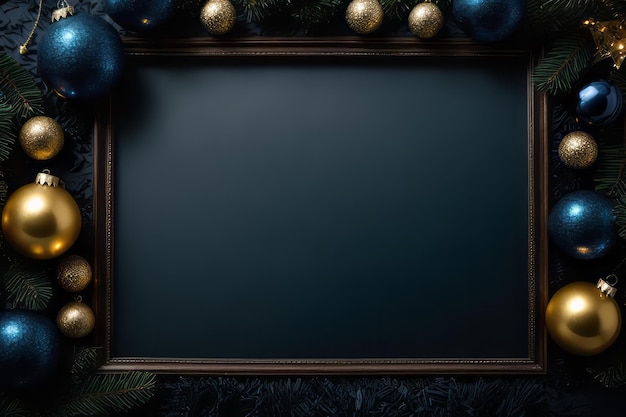 Szczęśliwa ramka świąteczna na ciemno niebieskim tle z ozdobą