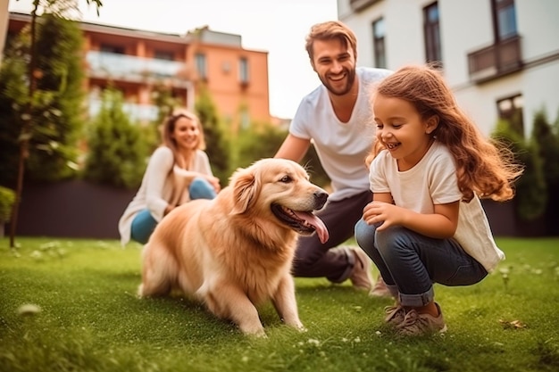 Szczęśliwa rodzina bawiąca się i bawiąca z psem przed domem