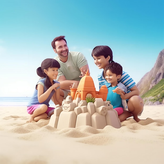 Szczęśliwa rodzina bawiąca się razem na piasku w letnie wakacje