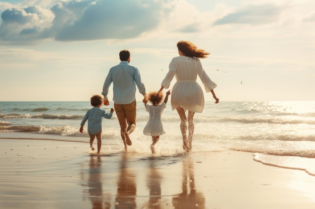 Szczęśliwa rodzina biegająca na plaży rano Koncepcja przyjaznej rodziny Tylny widok szczęśliwej młodej rodziny biegającej i skaczącej na letniej plaży