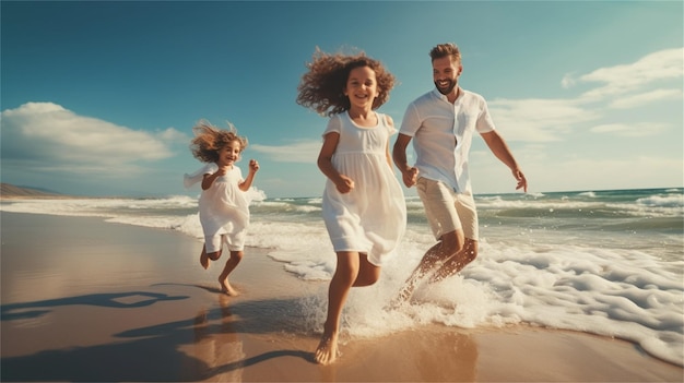 Szczęśliwa rodzina biegająca po plaży w białych sukienkach.