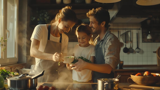Szczęśliwa rodzina gotuje razem w kuchni Uśmiechają się i śmieją podczas przygotowywania posiłku