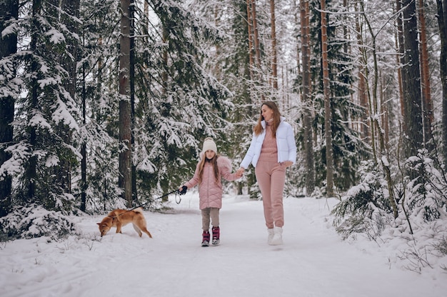 Szczęśliwa rodzina młoda matka i mała śliczna dziewczyna w różowym ciepłym stroju spacerowym, zabawy z czerwonym psem shiba inu w śnieżnobiałym zimnym lesie na zewnątrz