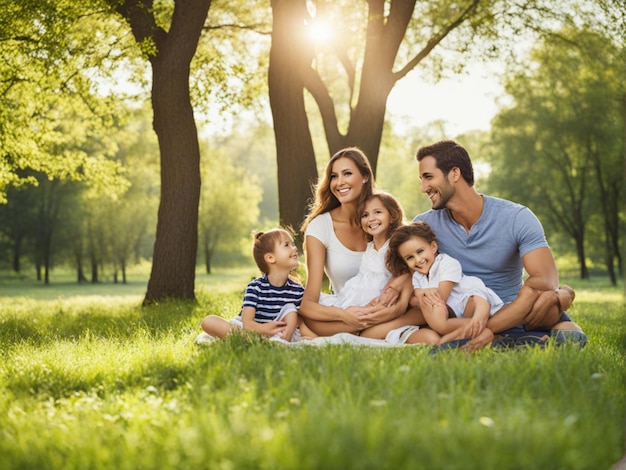 Szczęśliwa rodzina odpoczywająca w parku rodzina w parku matka dziecko ludzie trawa chłopiec uśmiechnięta kobieta ou