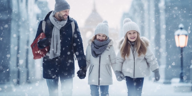 Szczęśliwa rodzina Ojciec matka i dzieci są na zimowym spacerze w przyrodzie piękność