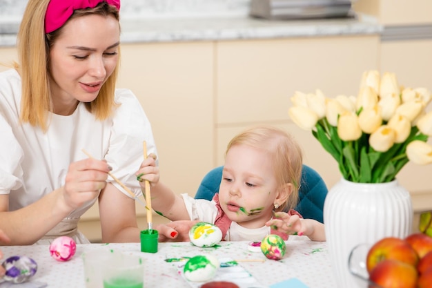 Szczęśliwa Rodzina Przygotowuje Się Do Wielkanocy śliczna Dziewczyna Z Matką Maluje Jajka Aktywność Domowa Pojęcie Jedności I Miłości Mama I Córka