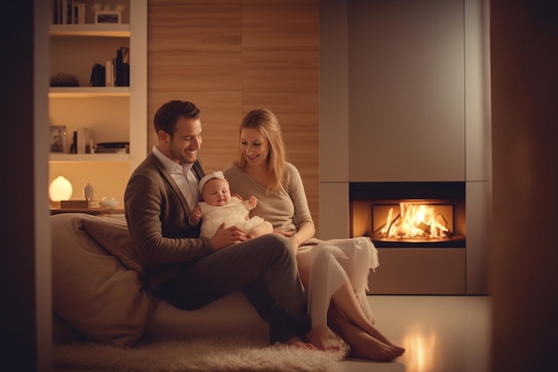 Szczęśliwa rodzina siedząca przy ogniu w apartamencie hotelowym robiąca selfie Generatywna sztuczna inteligencja