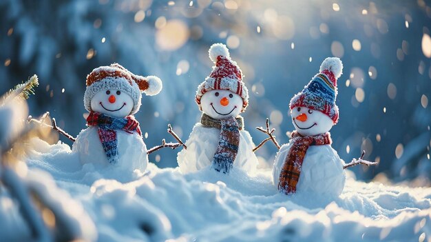 Szczęśliwa rodzina śnieżaków w czerwonych kapeluszach, szalach i szalach stojących w śniegu.