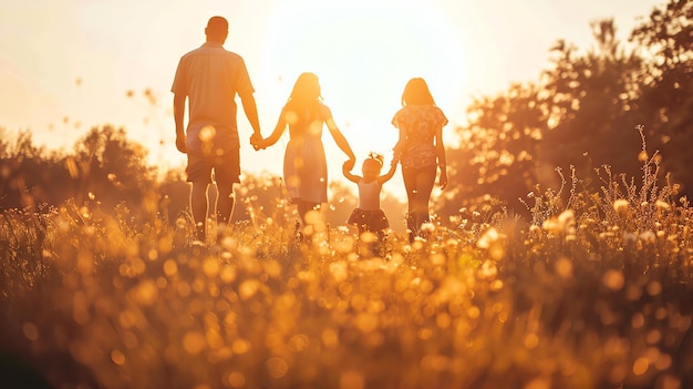 Szczęśliwa rodzina spacerująca po kwiatowym polu podczas zachodu słońca
