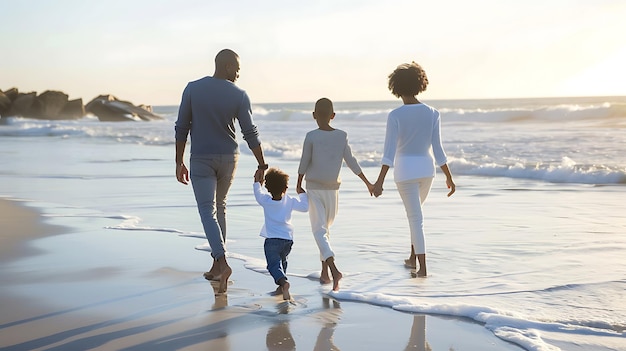 Szczęśliwa rodzina spacerująca po plaży Rodzice trzymający się za ręce z dwoma dziećmi Słońce zachodzi, a fale uderzają na brzeg
