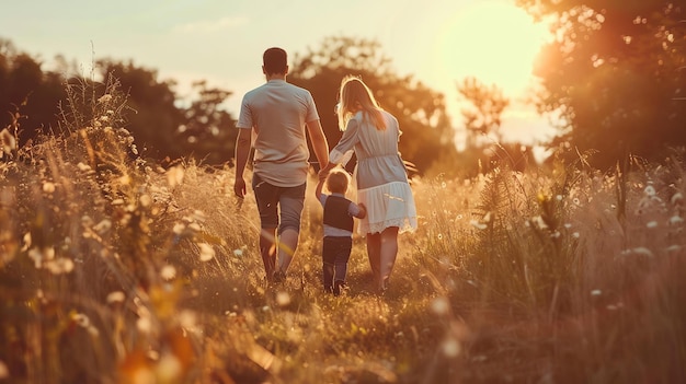 Szczęśliwa rodzina spacerująca po polu z wysoką trawą o zachodzie słońca