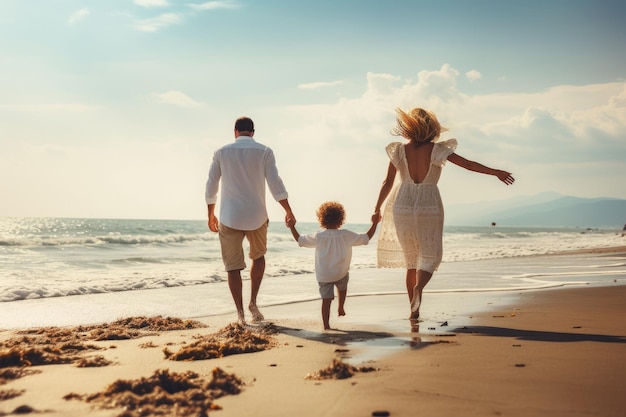 Szczęśliwa rodzina trzymająca się za ręce i chodząca po plaży w słoneczny dzień Tylny widok szczęśliwej młodej rodziny biegnącej i skaczącej na letniej plaży