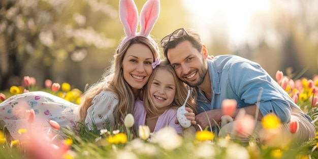 Szczęśliwa rodzina w króliczych uszach cieszy się naturą dzieląc się uśmiechami na polu kwiatów