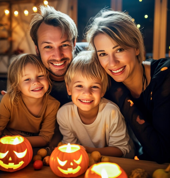 Szczęśliwa rodzina w noc Halloween w wygodnym domu ze świecami i dyniami Dzieci i rodzice chętnie świętują noc Halloween