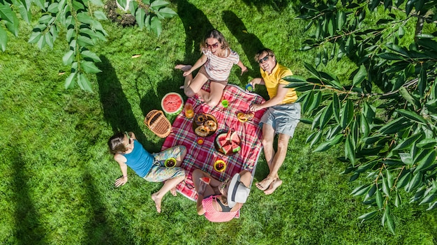 Szczęśliwa Rodzina Z Dziećmi Piknik W Parku, Rodzice Z Dziećmi Siedzącymi Na Trawie W Ogrodzie I Jedzący Zdrowe Posiłki Na Zewnątrz, Widok Z Lotu Ptaka Z Lotu Ptaka, Rodzinne Wakacje I Weekend