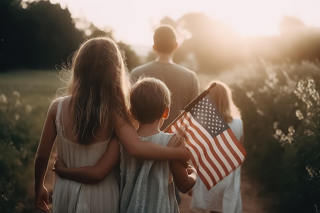 Szczęśliwa rodzina z flagą Ameryki USA o zachodzie słońca AI