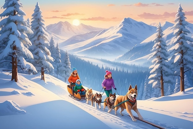 Szczęśliwa rodzina z psem na sankach na śnieżnym zimowym zboczu