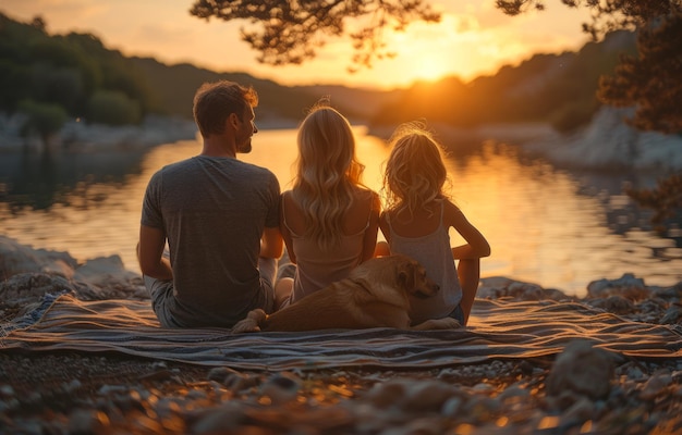 Zdjęcie szczęśliwa rodzina z psem siedząca na plaży o zachodzie słońca ludzie bawiący się na świeżym powietrzu koncepcja letnich wakacji i przyjaznej rodziny