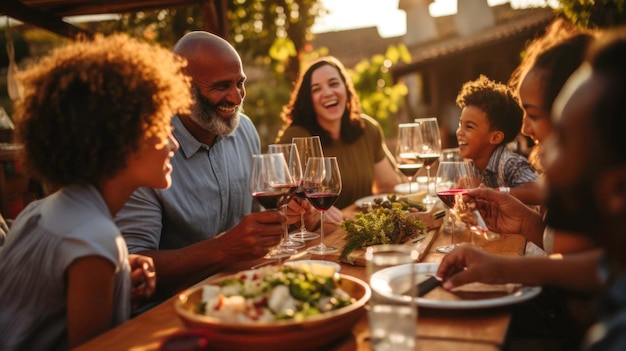 Szczęśliwa rodzinna kolacja i degustacja szklanek czerwonego wina na imprezie barbecue