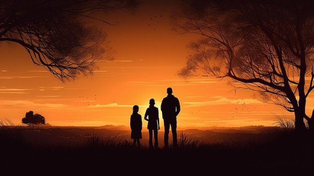Zdjęcie szczęśliwa rodzinna sylwetka stojąca przed czasem zachodu słońca