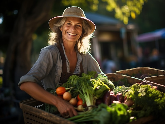 Szczęśliwa rolniczka trzymająca kosz świeżo zebranych warzyw i uśmiechnięta generatywna ai