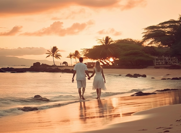 Szczęśliwa romantyczna para w średnim wieku, ciesząca się pięknym zachodem słońca, spacer po plaży, wakacje, wakacje, emerytura, koncepcja życia