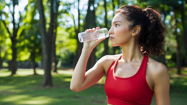 Szczęśliwa sportowczyna pijąca wodę w parku