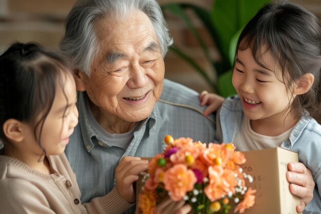 Szczęśliwa starsza Azjatka otrzymuje prezenty od swoich wnuków Dzieci robią babci niespodziankę urodzinową Małe dzieci dają babci kartkę podarunkową i bukiet kwiatów