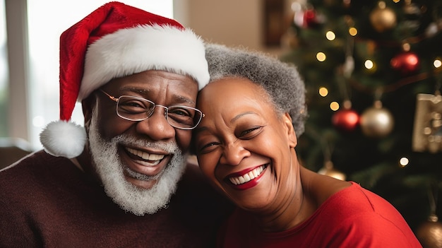 Zdjęcie szczęśliwa starsza czarna para uśmiechająca się szczęśliwie koncepcja starszych ludzi na boże narodzenie