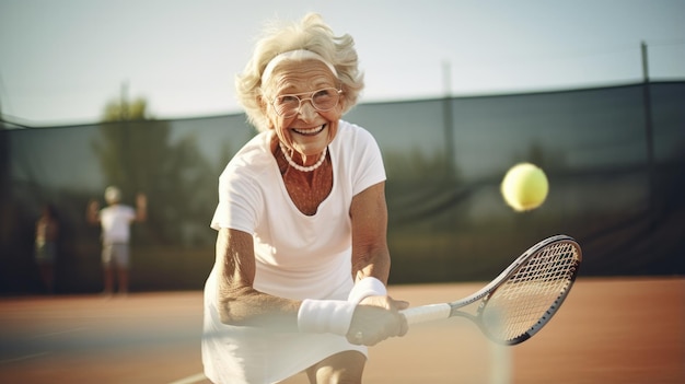 Szczęśliwa starsza kobieta gra w tenisa w ramach zajęć rekreacyjnych po aktywnej emeryturze