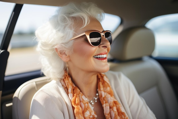 Szczęśliwa starsza kobieta jadąca samochodem sama cieszy się przejażdżką dla bezpieczeństwa starszych kierowców