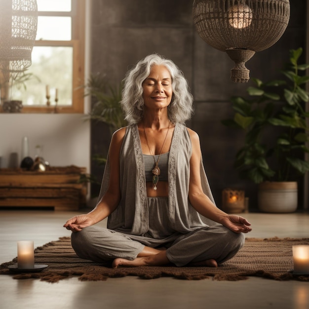 Szczęśliwa starsza kobieta medytująca nad jogą