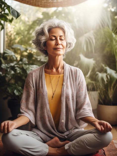 Szczęśliwa starsza kobieta medytująca nad jogą