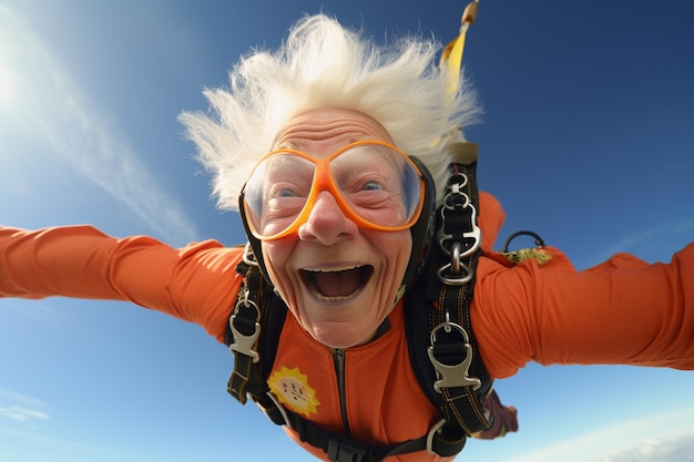 Zdjęcie szczęśliwa starsza kobieta skacząca ze spadochronem w niebie.