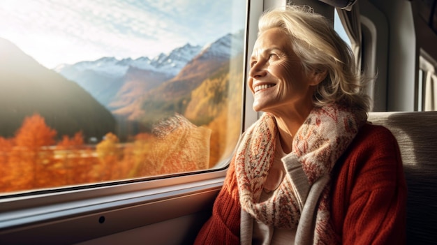 szczęśliwa starsza kobieta wyglądająca przez okno z podróży pociągiem