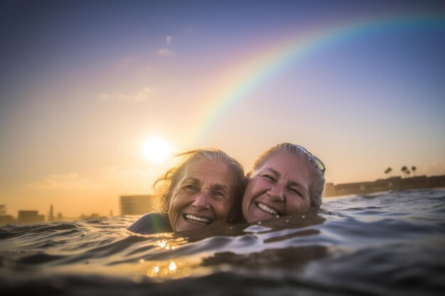 Szczęśliwa starsza para gejów pływająca na paradzie dumy LGBTQ w Tel Awiwie w Izraelu