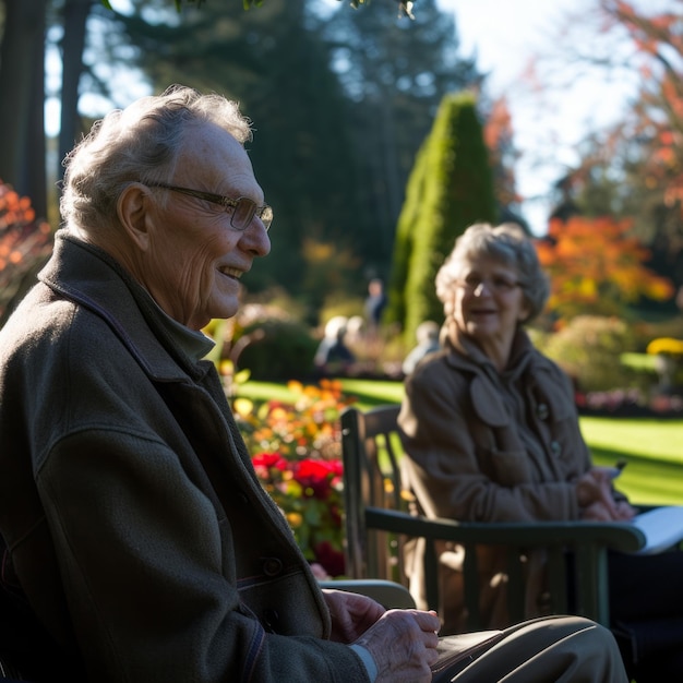 Zdjęcie szczęśliwa starsza para siedząca na ławce w parku