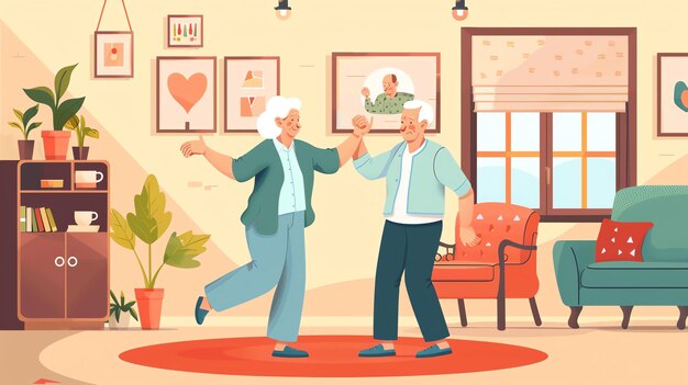 Szczęśliwa starsza para tańcząca w salonie starszy mężczyzna i kobieta trzymają się za ręce i uśmiechają się są otoczeni meblami i roślinami