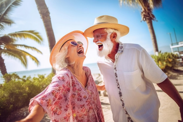 Szczęśliwa starsza para w słomianych kapeluszach na czacie przeciwko błękitne niebo ai generowane